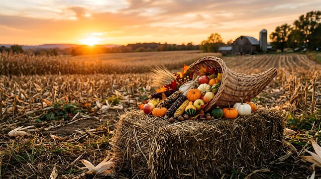 A beautiful golden hour landscape features a sprawling field of dried plants bathed in the glow of a vibrant sunset backdrop