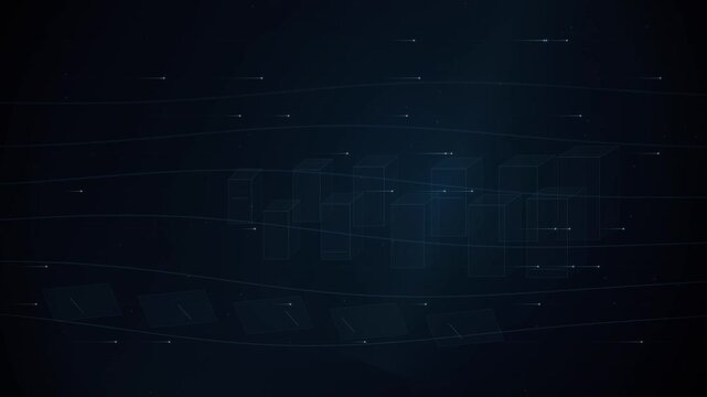 Abstract dark background with glowing lines and faint geometric box shapes for technology design