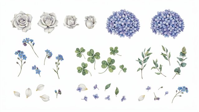 White roses and blue hydrangeas, delicate floral elements for wedding invitations or feminine designs.