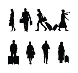 Vector silhouettes of diverse travelers walking horizontally. The set shows businessmen, women, and tourists pulling suitcases and carrying travel bags, suitable for airport and transit themes. © Stock Canvas