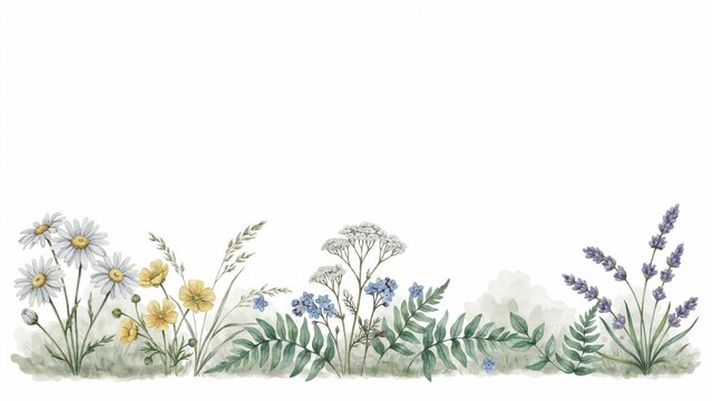 Wildflower meadow border with daisies buttercups and lavender for natural spring countryside invitations.