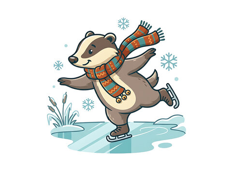 Cute badger ice skating wearing a colorful scarf during winter season with ice skates character wildlife recreation snowflake illustration childish friendly