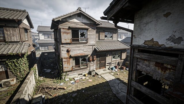 Old abandoned Japanese houses surrounded by dense vegetation after decades of neglect.
