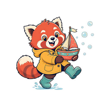 Cute red panda wearing a yellow raincoat and holding a toy sailboat surrounded by bubbles with cute animal rain boots childish illustration water splashes character