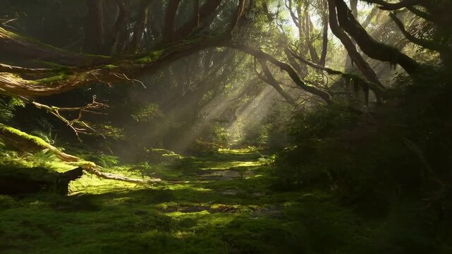 Sunlight filters through dense trees onto a mossy forest path