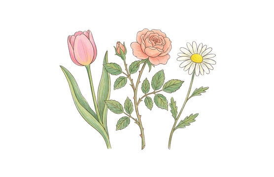Hand drawn tulip rose and daisy flowers isolated on transparent background