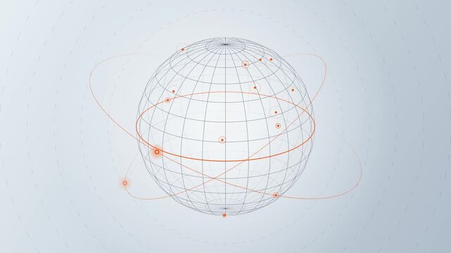 Abstract digital globe wireframe with glowing orange connection nodes and orbital data lines graphic