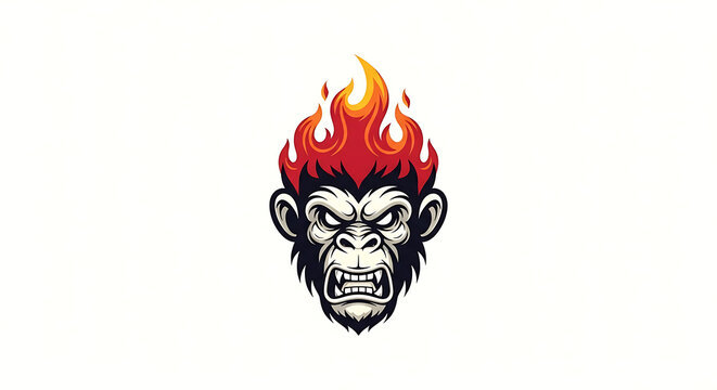 Angry monkey head with fire in pixel art style
