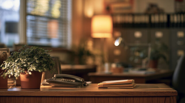 Warm cozy office desk setup featuring potted green plant retro desktop telephone folder documents and soft table lamp lighting for corporate workspace business career and warm indoor background