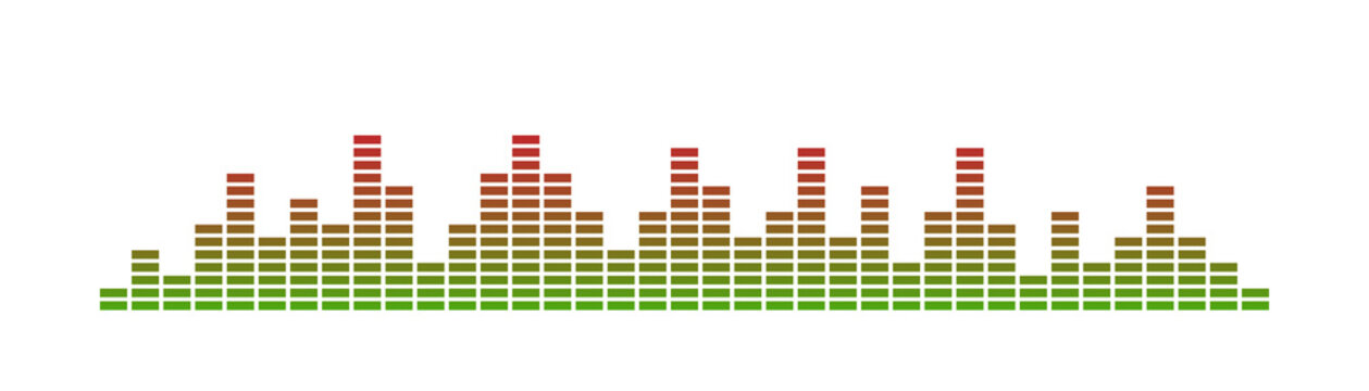 Green and red sound wave equalizer icon on white background in flat style. Audio frequency bar graphic for music design. Perfect for podcast, radio, and digital sound projects.