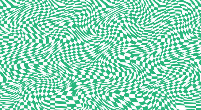 Green and white checkered distorted wavy optical illusion pattern background with checkered