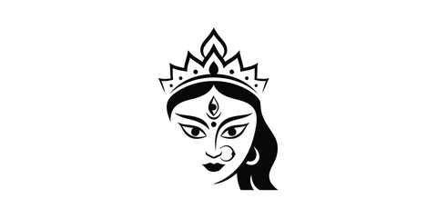 Fototapeta premium Black and white illustration of hindu goddess durga with crown and third eye isolated on white background