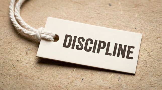 Close-up of a white tag with the word "DISCIPLINE" on a textured background.