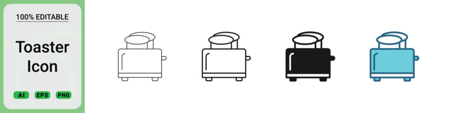 Four toaster icons in different styles, including outline, glyph, and color vector illustrations