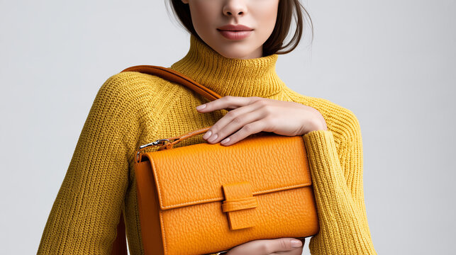 Fashionable woman in a yellow turtleneck sweater holding a stylish orange leather handbag.
