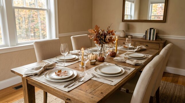 A warm and inviting dining room features a beautifully arranged table prepared for a special festive meal or joyful family celebration
