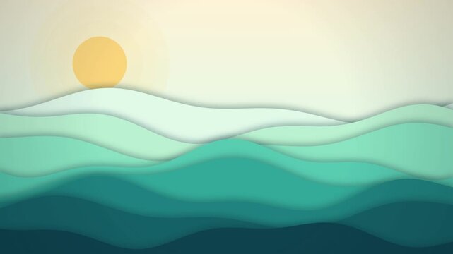 Abstract layered ocean waves with a glowing yellow sun in a minimal digital illustration
