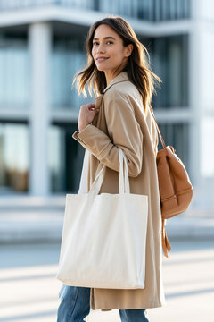 Smiling young woman in a beige coat walking in the city with a blank white canvas tote bag.
