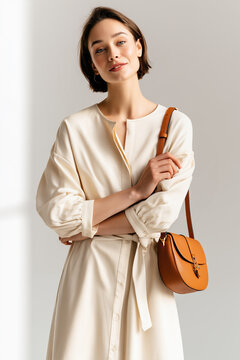 Portrait of elegant young woman in a beige shirt dress posing with a brown leather crossbody handbag.
