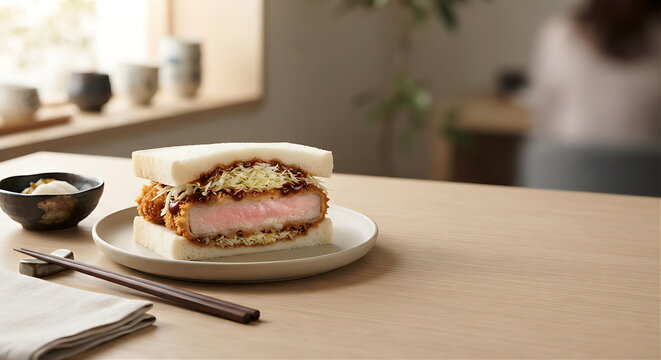Japanese katsu sando commercial advertisement, thick crispy pork cutlet between soft white milk bread, finely shredded cabbage, glossy tonkatsu sauce, clean geometric presentation
