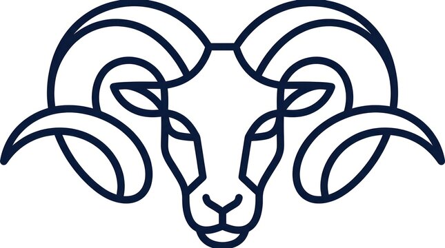 Minimalist Ram Head Icon Outline Vector Illustration, Aries Zodiac Sign Symbol, Geometric Sheep Face Logo Design