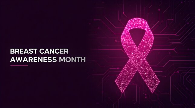 Breast Cancer Awareness Month Glowing digital network mesh pink ribbon for breast cancer awareness month with circuit board lines on a dark purple background