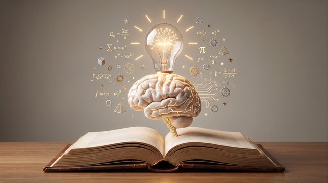 Open Book with Brain and Glowing Light Bulb Symbolizing Knowledge and Innovation