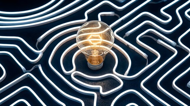 Glowing light bulb at the center of a complex neon maze, symbolizing innovation and problem-solving.