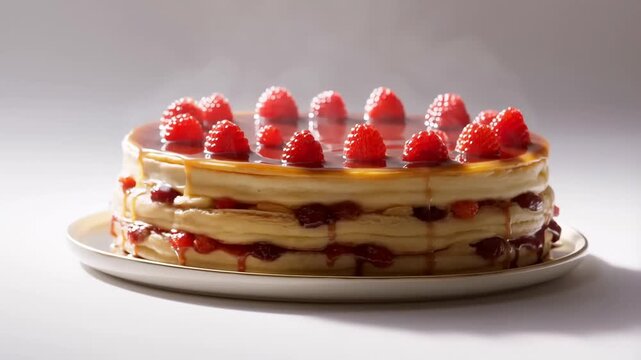 Macro of a layered cake topped with fresh raspberries