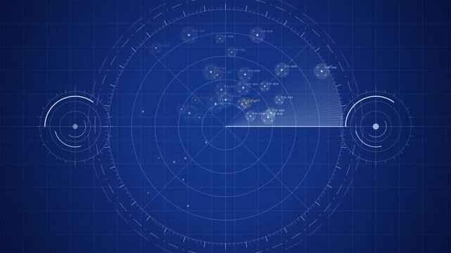 Digital radar screen interface display showing detection of multiple moving objects on blue background