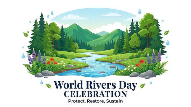 World rivers day celebration poster with mountain landscape