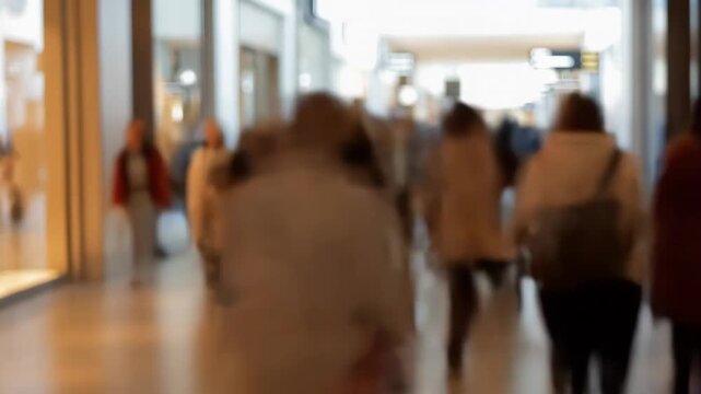 Intentionally blurred shopping mall crowd walking through a bright indoor commercial corridor. Retail advertising, shopping center promotion, and consumer behavior presentations.