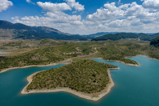 Panoramic Aerial View of Artificial Lake Aoos Surrounded by the Pindus Mountains