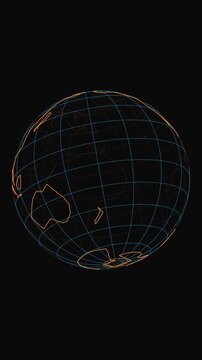 World Map Hologram Wireframe Disc Rotating with Coordinate Grid and Continental Outlines on Black Background for Global Telemetry Broadcast