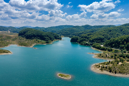 Panoramic Aerial View of Artificial Lake Aoos Surrounded by the Pindus Mountains