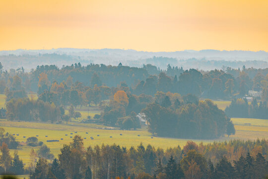 Misty autumn countryside landscape with rolling fields, scattered trees, distant wooded hills, warm golden light, and rural village scenery viewed from an elevated perspective