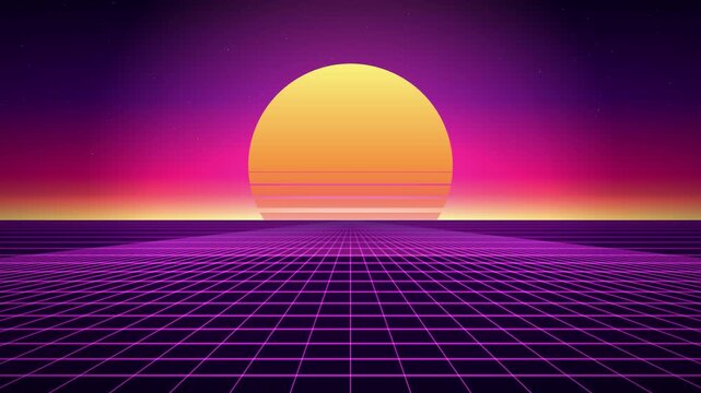 Retro 80s Style Synthwave Landscape with a Glowing Sun and Digital Perspective Grid Background