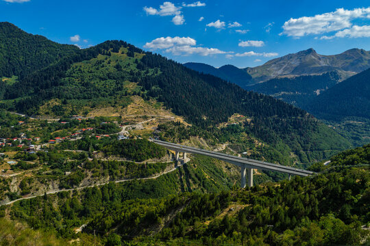 Aerial View of Egnatia Odos Bridge Crossing the Mountains Near Metsovo Greece