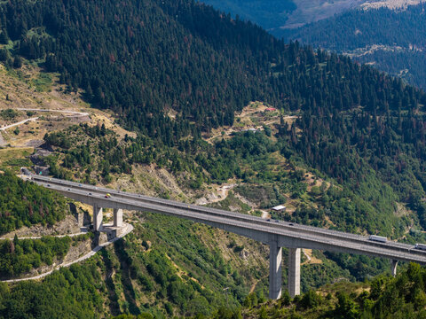 Aerial View of Egnatia Odos Bridge Crossing the Mountains Near Metsovo Greece