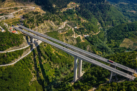 Aerial View of Egnatia Odos Bridge Crossing the Mountains Near Metsovo Greece