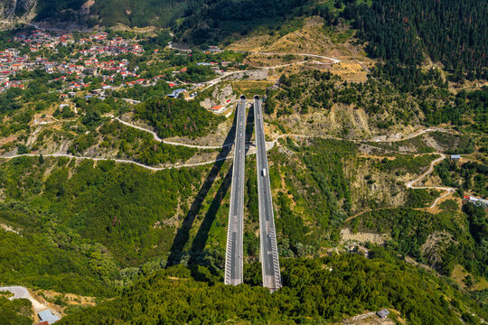 Aerial View of Egnatia Odos Bridge Crossing the Mountains Near Metsovo Greece