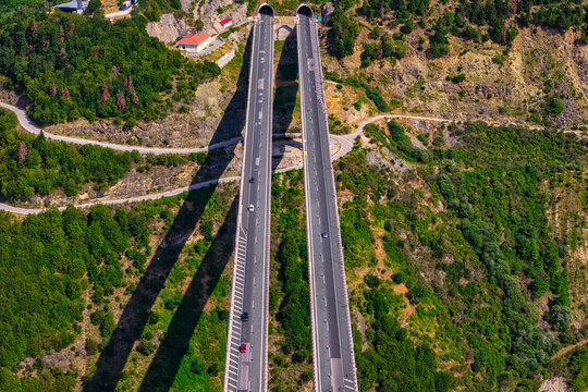 Aerial View of Egnatia Odos Bridge Crossing the Mountains Near Metsovo Greece