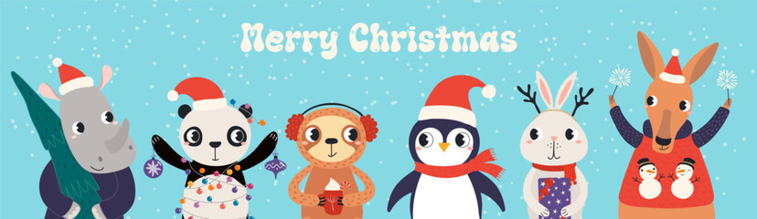 Obraz premium Cute animals in Santa Claus hats celebrating Christmas, with tree, gifts, ornaments, sparklers illustration. Cartoon characters. Holiday kids print, design elements for card, banner. Hand drawn vector