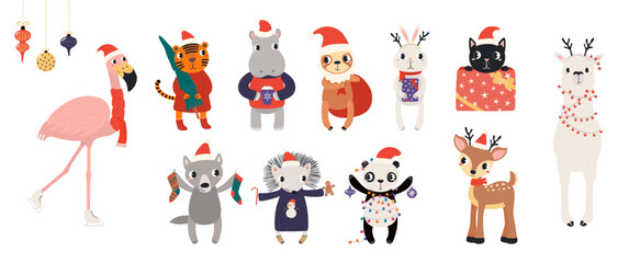 Obraz premium Cute animals in Santa Claus hats celebrating Christmas, with tree, gifts, ornaments, stockings illustration. Cartoon characters. Holiday kids print, design elements for card, banner. Hand drawn vector