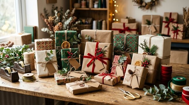 Collection of Beautifully Wrapped Christmas Gifts in Eco-Friendly Kraft Paper on a Rustic Wood Table