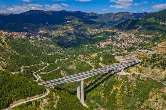 Aerial View of Egnatia Odos Bridge Crossing the Mountains Near Metsovo Greece