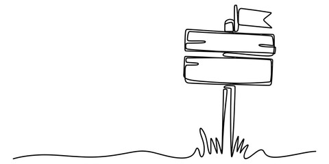 Continuous line drawing of a wooden sign post with a small flag on top in a simple minimalist style for direction and travel concepts isolated on transparent background, Vector © Rimi Kailash Arts