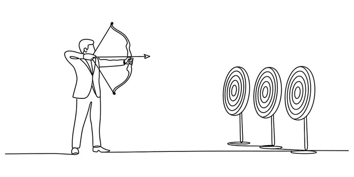 Businessman in a suit aiming with a bow and arrow at three targets representing business goals and success in a simple line drawing style isolated on transparent background, Vector