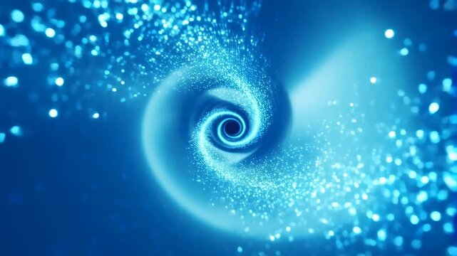 Blue particles spiral inward through a glowing digital vortex in abstract space. Technology presentations, science media, and digital transformation campaigns.
