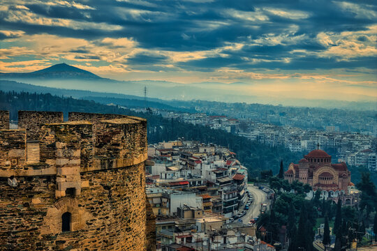 Historic Heptapyrgion Fortress and Saint Paul Church Overlooking Thessaloniki Under Dramatic Skies